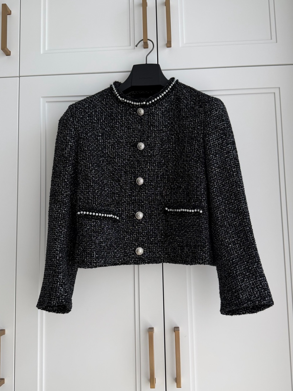 Maje Black Tweed Cropped Pearl-Trim Jacket